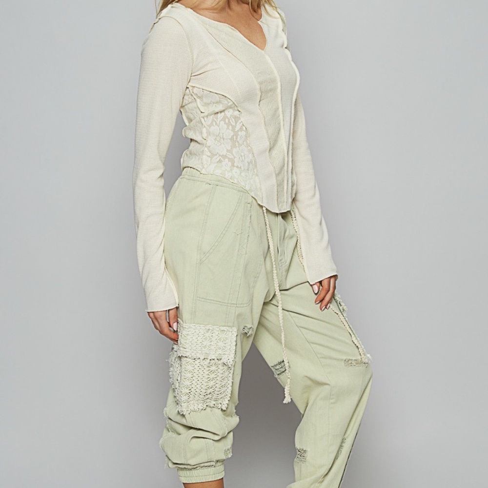 New POL Clothing Denim Lace Joggers Women's Distressed Relaxed GreenTwill Pants - Picture 12 of 12